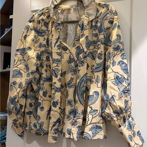Sezane Beige Blouse with Blue Floral and Bird Print